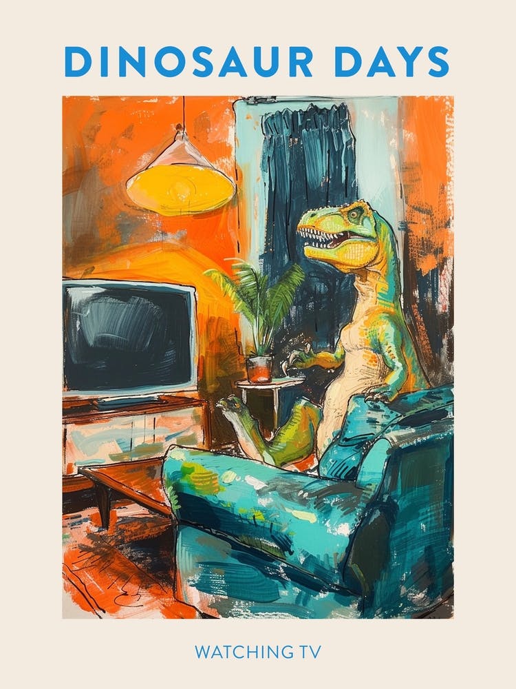 Watching Tv Orange Blue Dinosaur Poster
