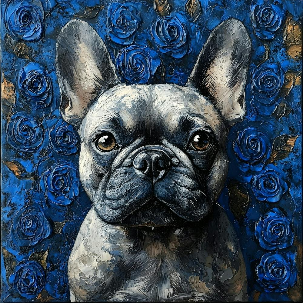 French Bulldog And Blue Roses 1