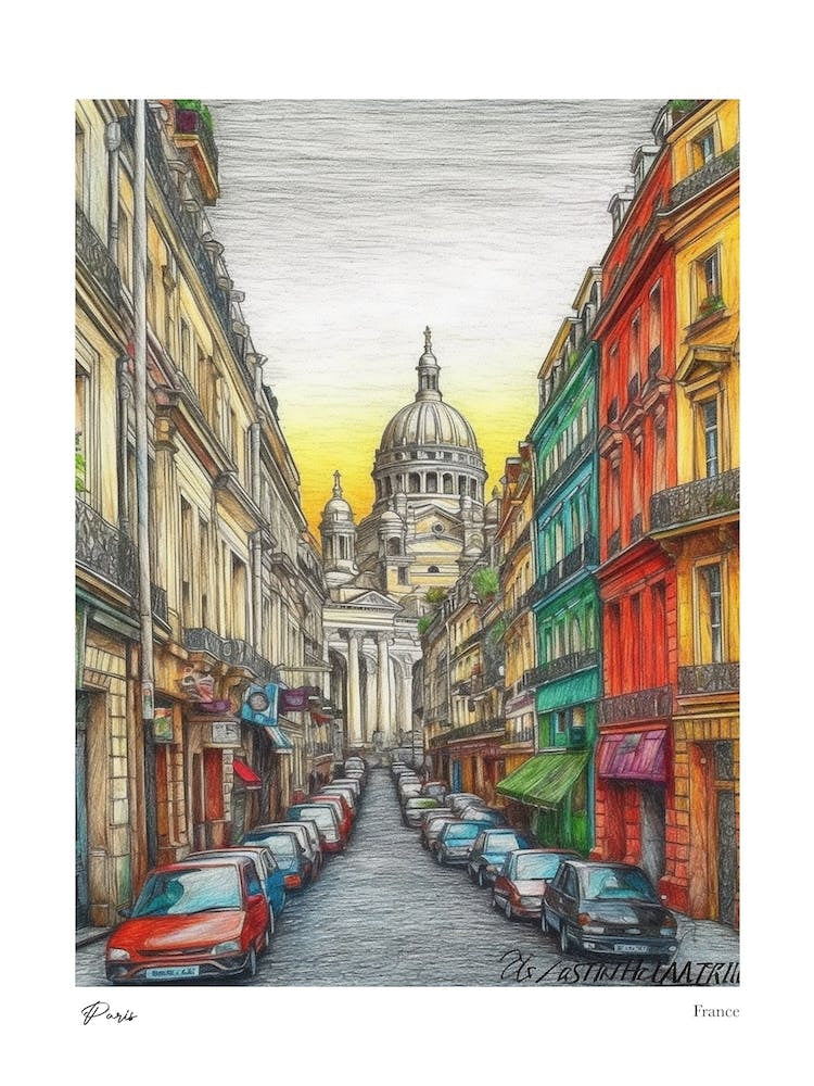 Paris France Drawing Pencil Style 4 Travel Poster