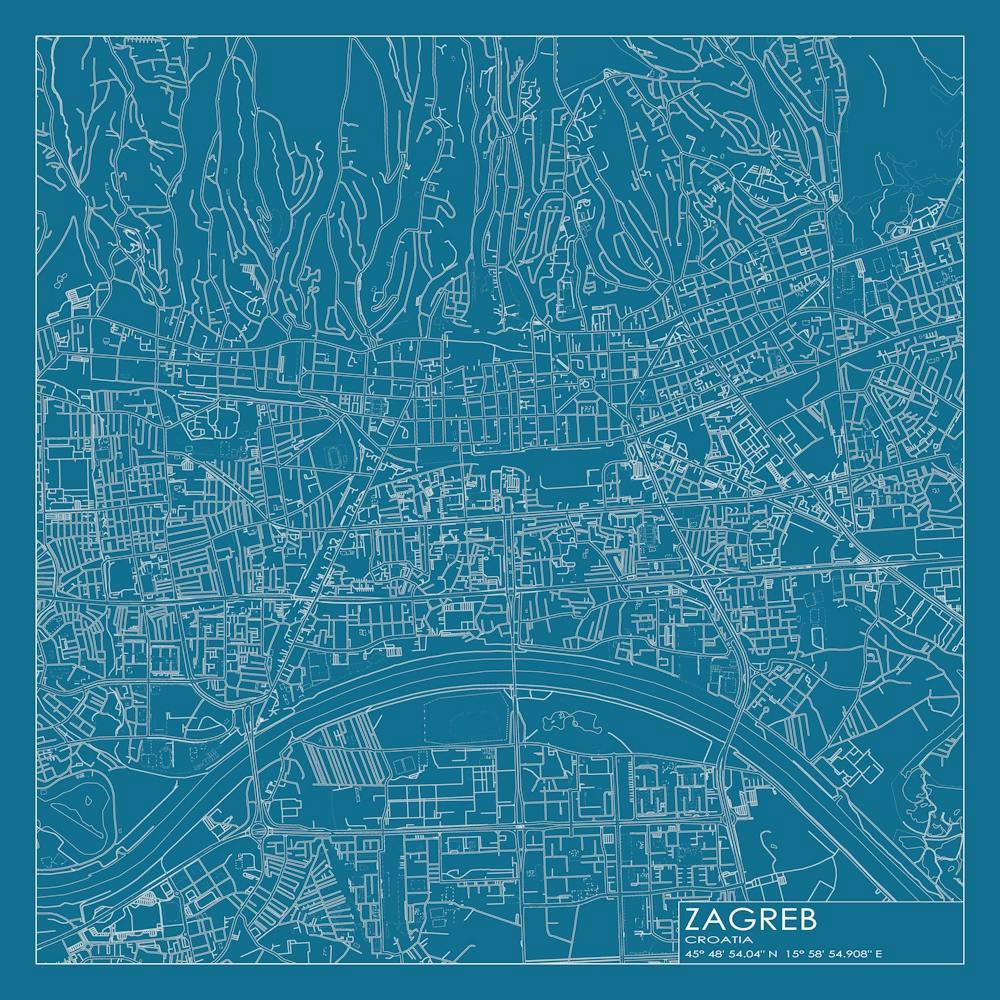 Zagreb, Croatia, City Map Blueprint Design