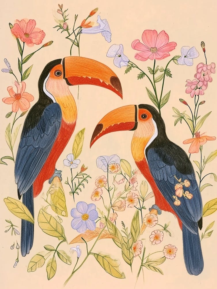Folksy Floral Animal Drawing Toucan 3