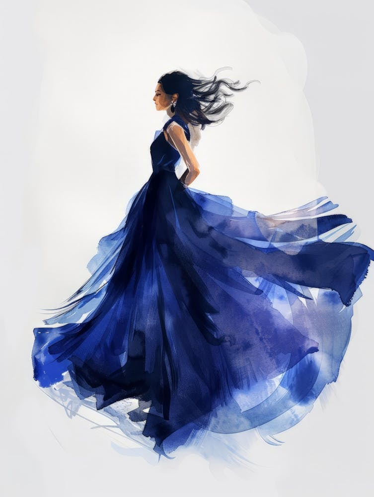 Watercolor Girl In Blue Dress