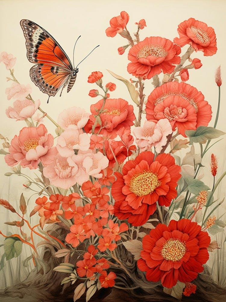 Japanese Style Painting Of A Butterfly With Flowers 3