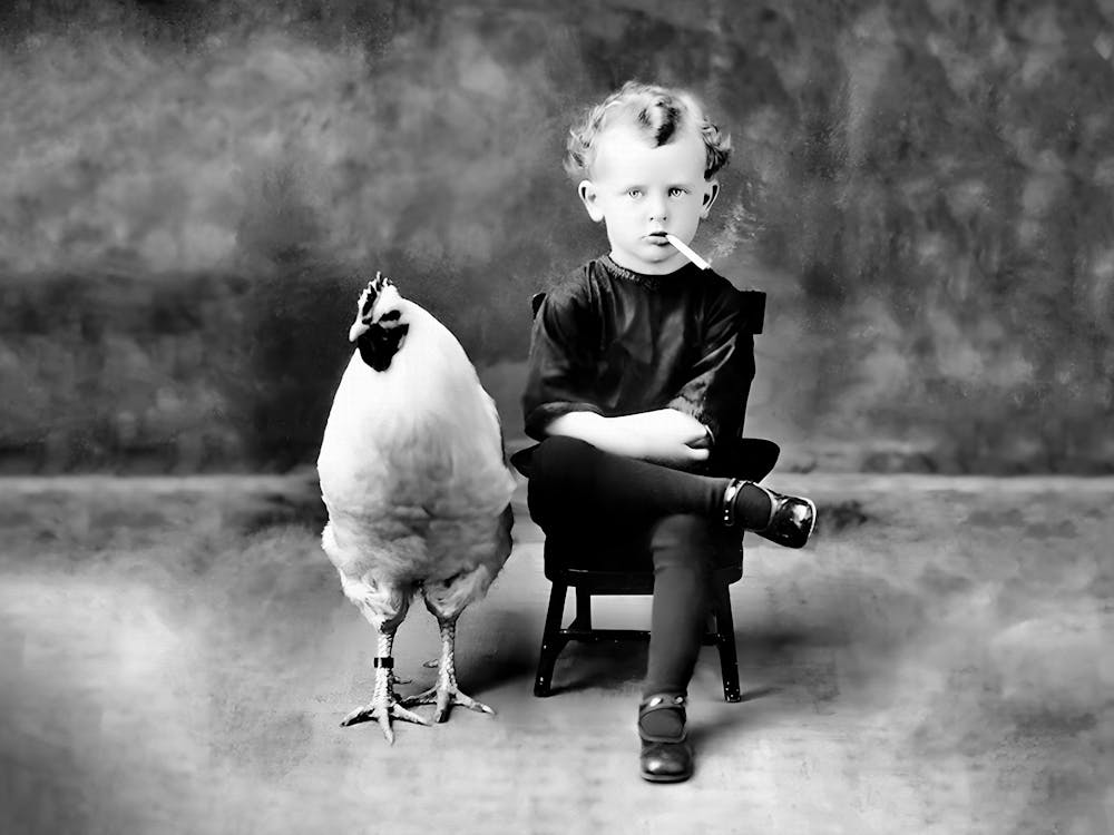 Boy And A Chicken, Boy Smoking a Cigarette, Funny, Vintage Black and White Old Photo