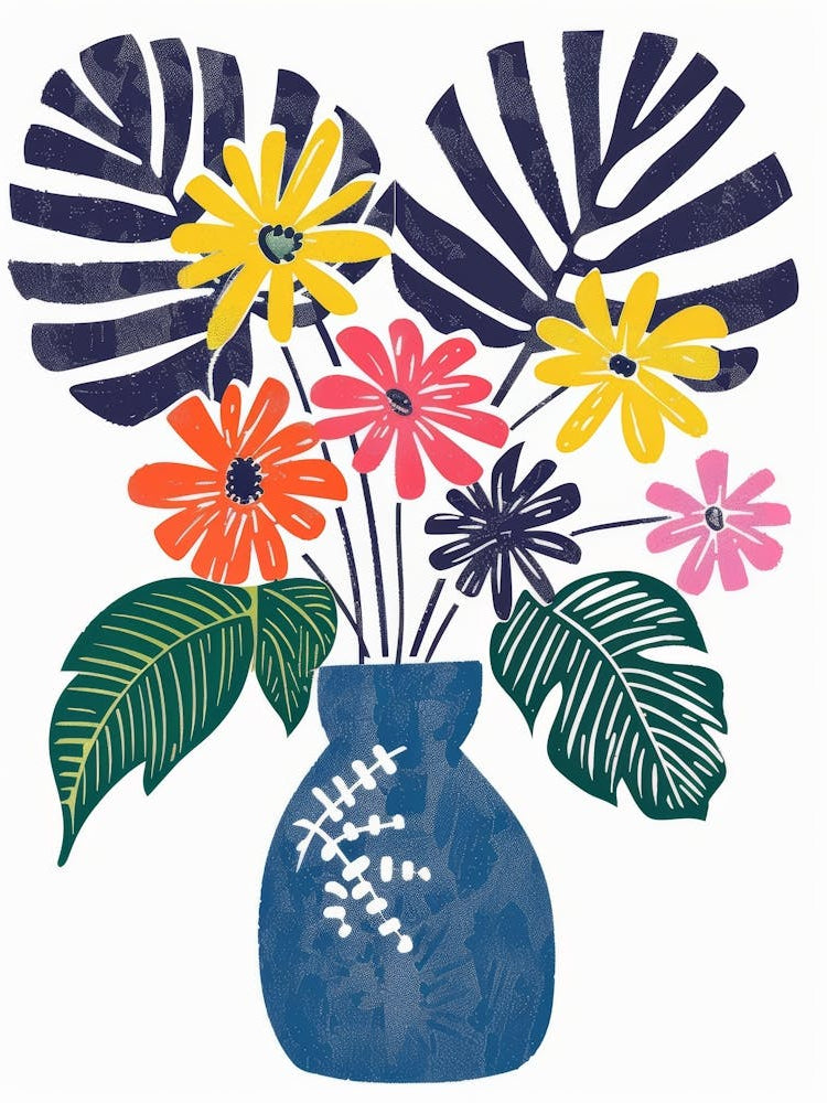Tropical Flowers In A Blue Vase