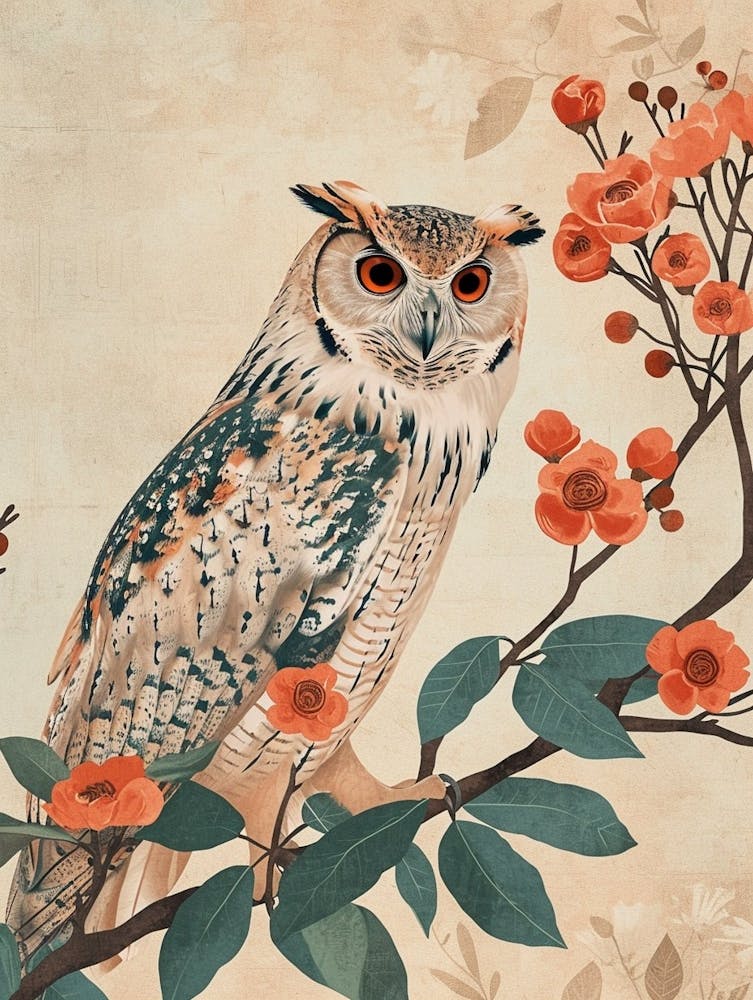Burmese Fish Owl Japanese Painting 3