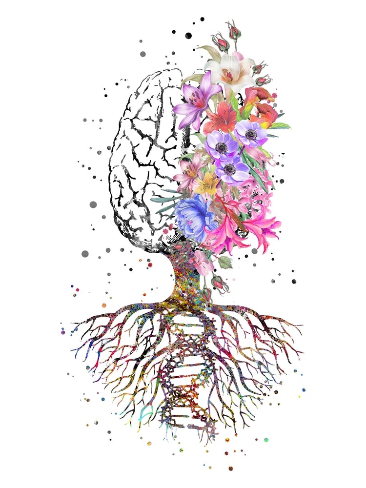 Arbre Cérébral Aquarelle Avec Fleurs ADN Rot