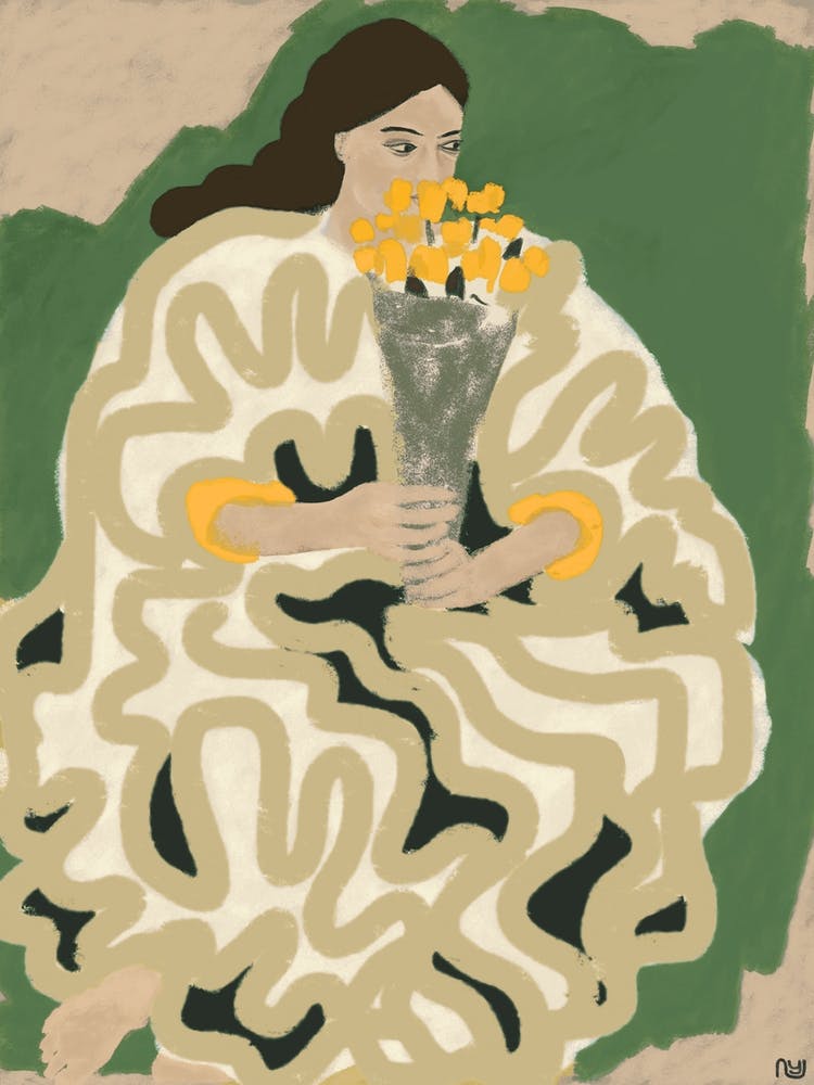 Woman With Flowers Green & Yellow