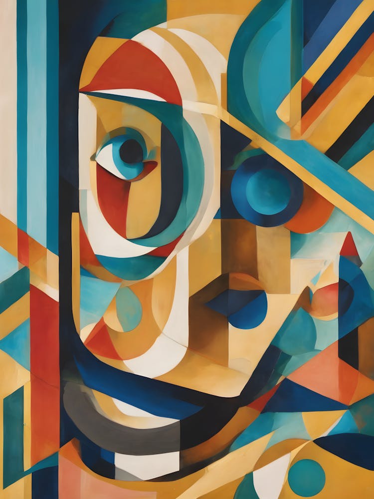 I am Here - Abstract Art Deco Geometric Shapes Oil Painting Modernist Picasso Inspired Bold Gold Green Turquoise Red Face Visionary Fantasy Style Wall Decor Trippy Cool Room Art Invoke Psychedelic