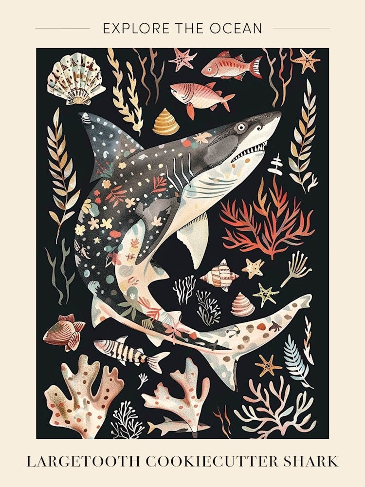 Largetooth Cookiecutter Shark Seascape Black Background Illustration 1 Poster