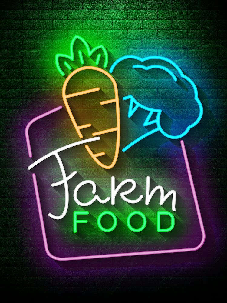 Farm food — Neon food sign, Food kitchen poster, photo art