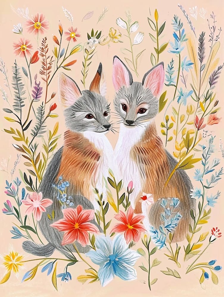 Folksy Floral Animal Drawing Jackal 2