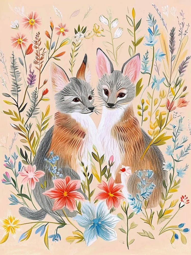 Folksy Floral Animal Drawing Jackal 2