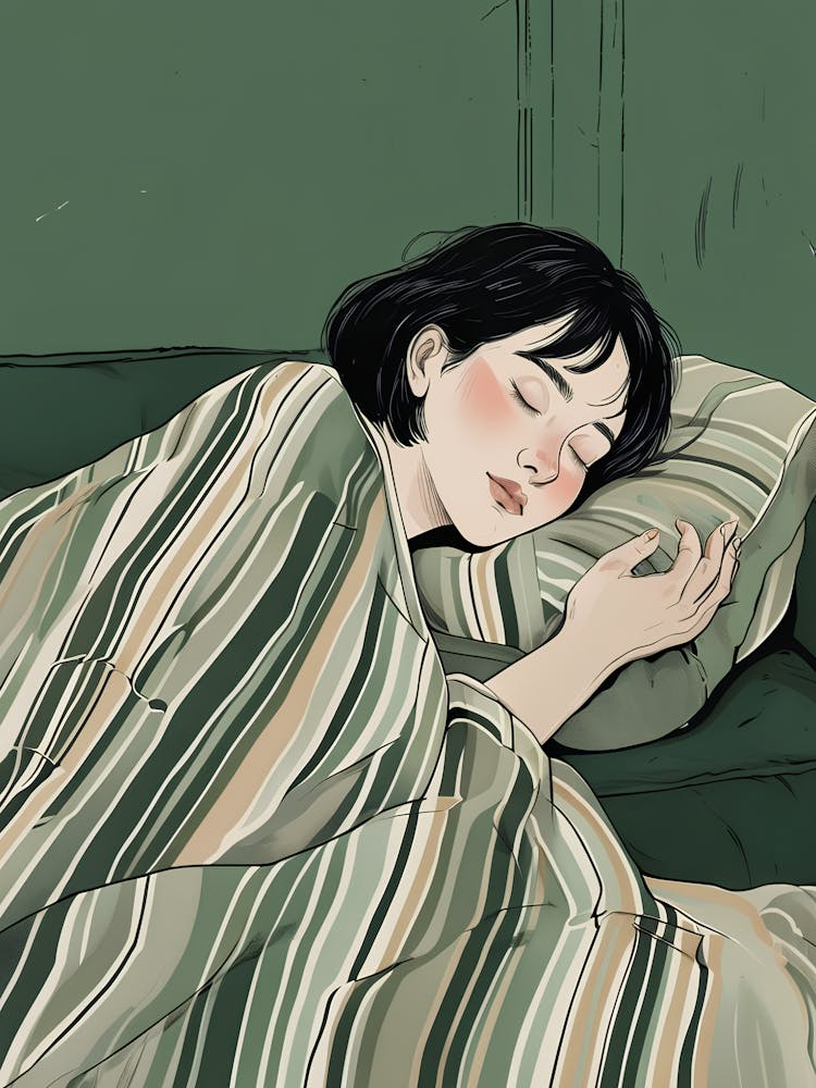 Woman Sleeping Peacefully On Dark Green Couch With Blanket