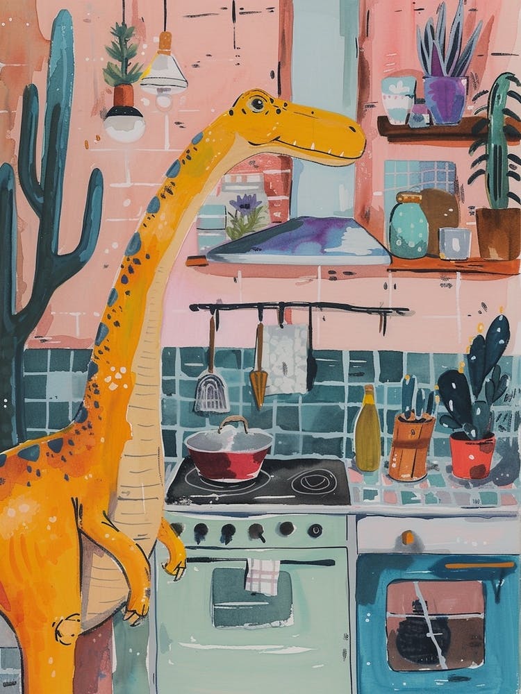 Dinosaur Cooking In The Kitchen Painting 3