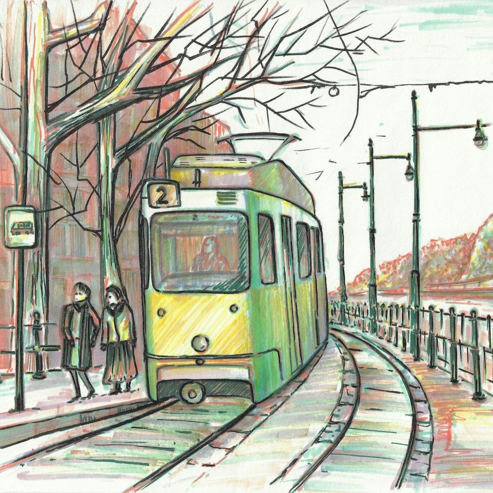 Sunny Tram Of Budapest Square