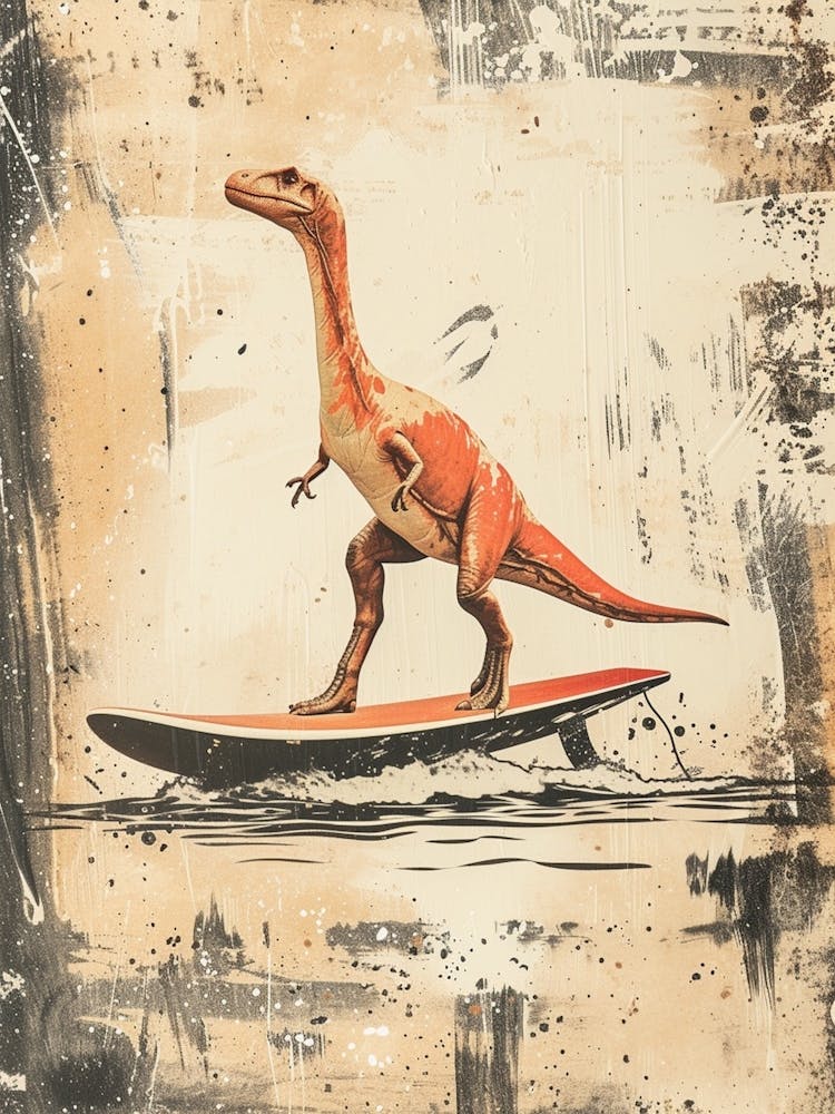 Vintage  Gallimimus Dinosaur On A Surf Board