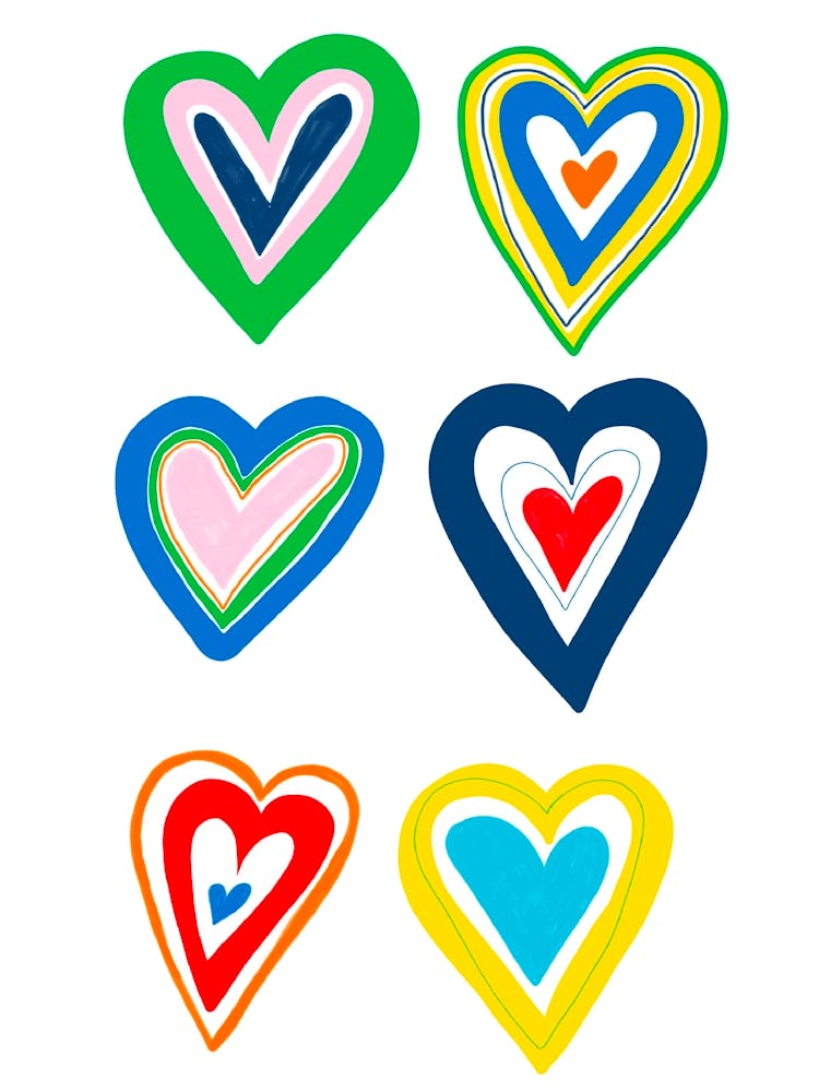 six colourful love hearts