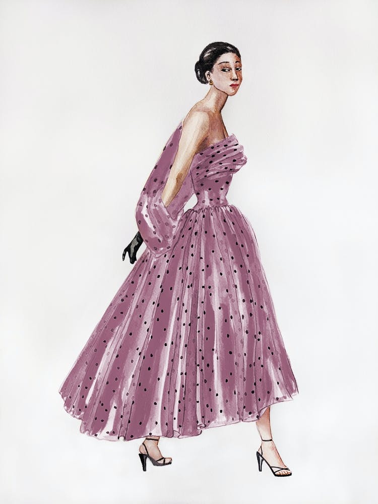 Watercolor painting of a woman in a vintage pink dress