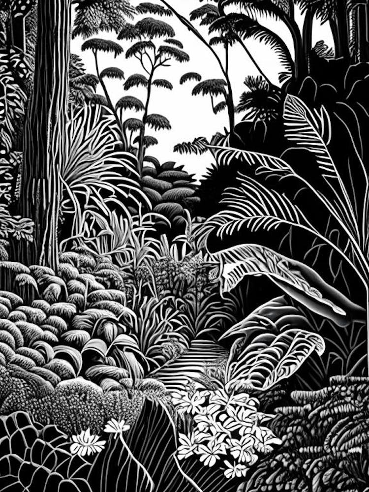 Naples Botanical Garden, 1, Usa Linocut Black And White Vintage