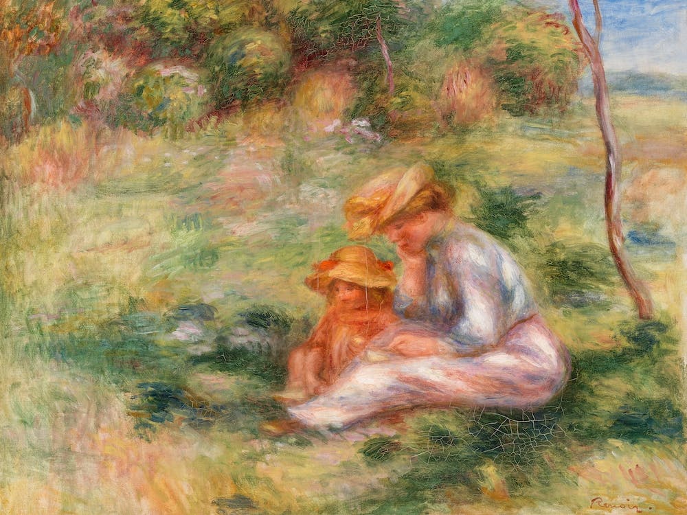 Woman And Child In The Grass, Pierre Auguste Renoir