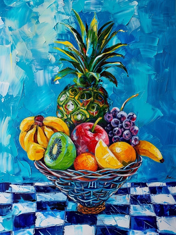 Tropical Fruit Basket Blue Checkerboard 3