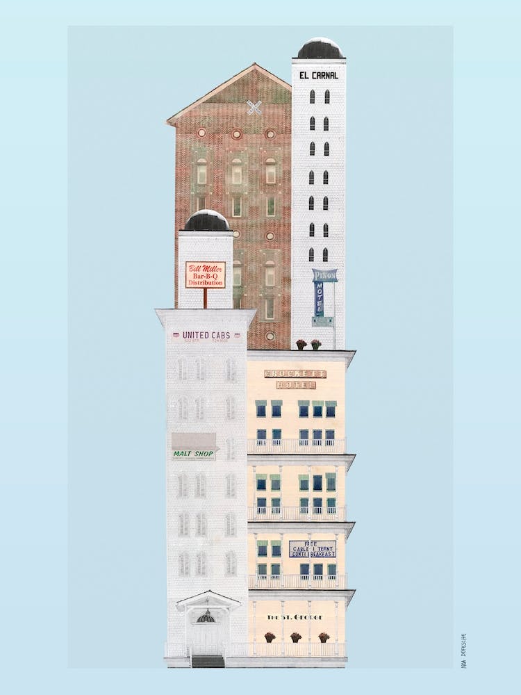 Crockett Hotel Tower Risograph Collage
