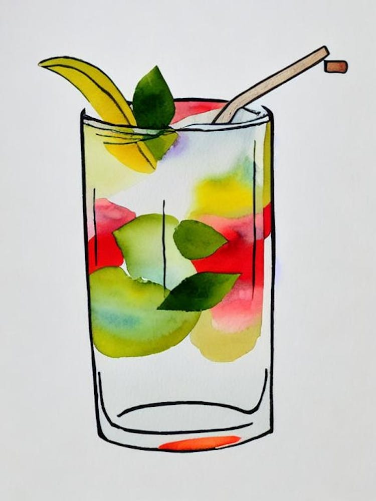Cuba Libre Minimal Line Drawing With Watercolour Cocktail Poster