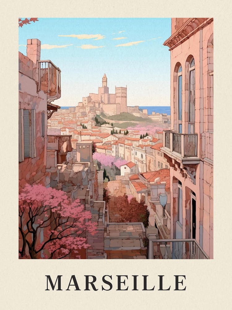 Marseille France 2 Vintage Pink Travel Illustration Poster