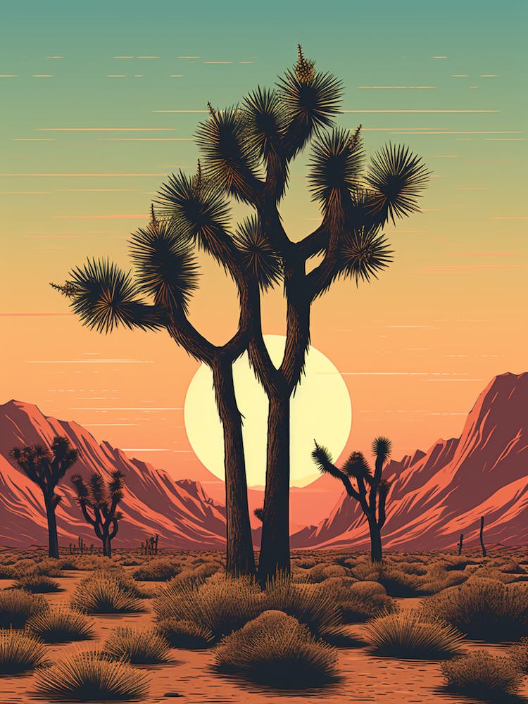 Retro Illustration Of A Joshua Trees At Dusk In Desert 1