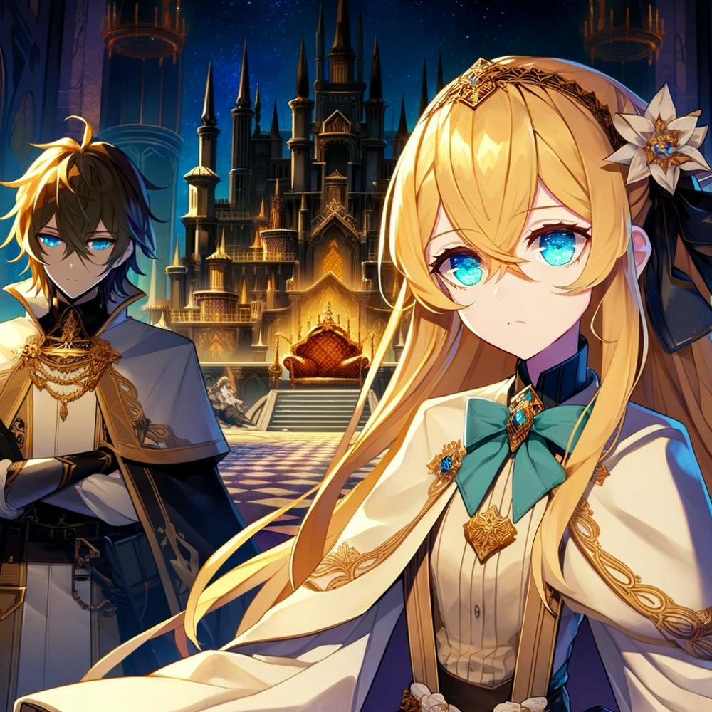 Anime Princess, Anime Girl, Blue-Eyed Anime Girl, Noble Prince, Gothic Castle, Evening Courtyard, Regal Attire, Fantasy Artwork 1