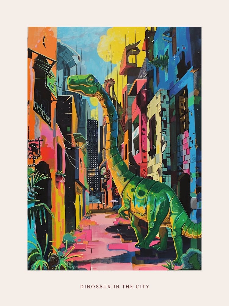 Colourful Dinosaur Cityscape Painting 4 Poster