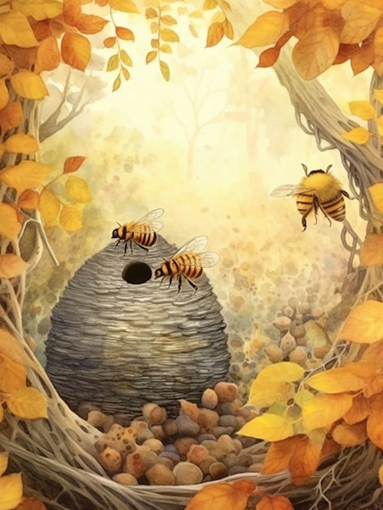 Little Resin Mimic Bee Beehive Watercolour Illustration 1