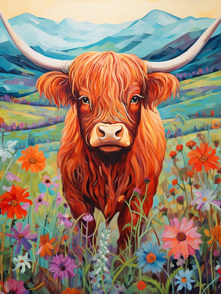 Floral Digital Illustration Of Highland Cow 2