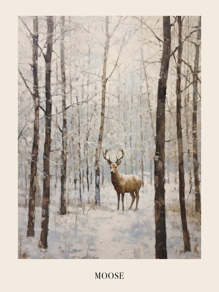 Vintage Winter Animal Painting Poster Moose 2