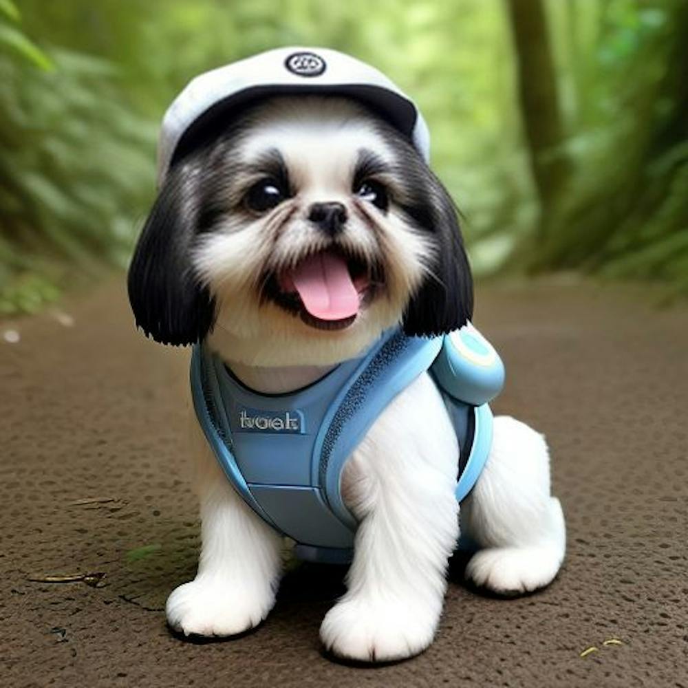 Happy Black & White Shih Tzu Dog with Tongue Out, Smiling, Wearing A Sailor Type Hat & Blue Harness in a Lush Green Forest