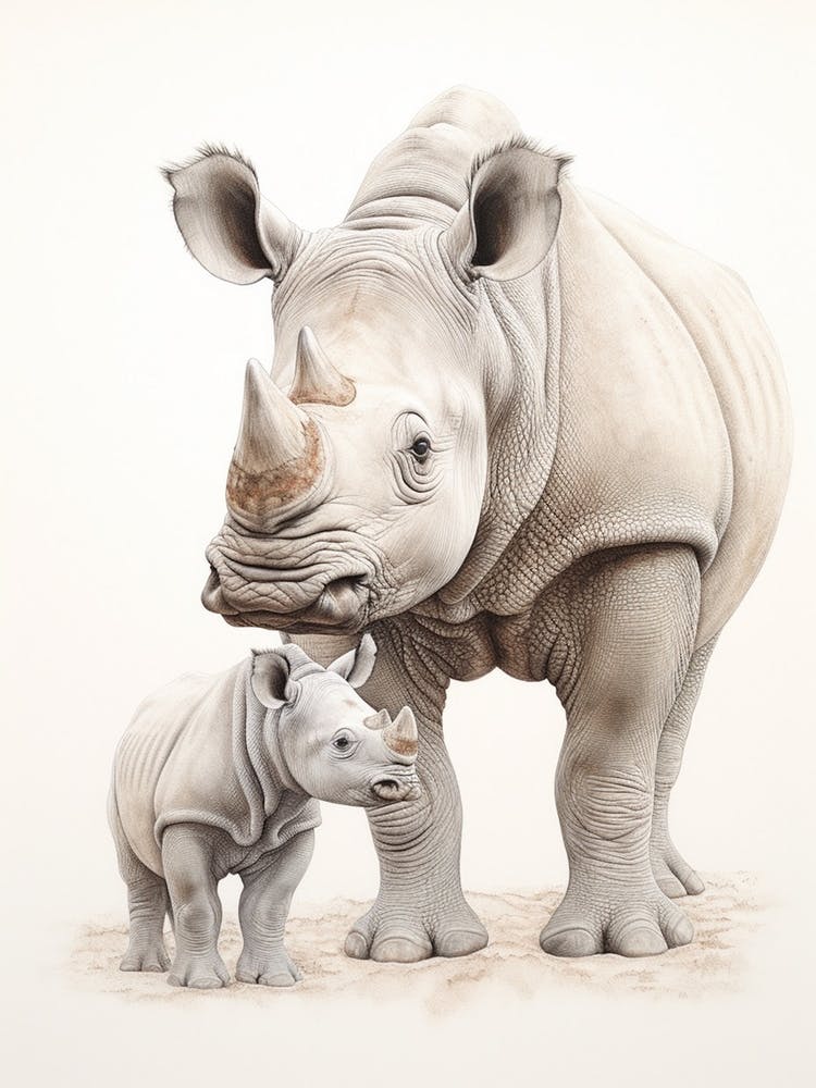 Detailed Illustration Of A Rhino With A Baby Rhino