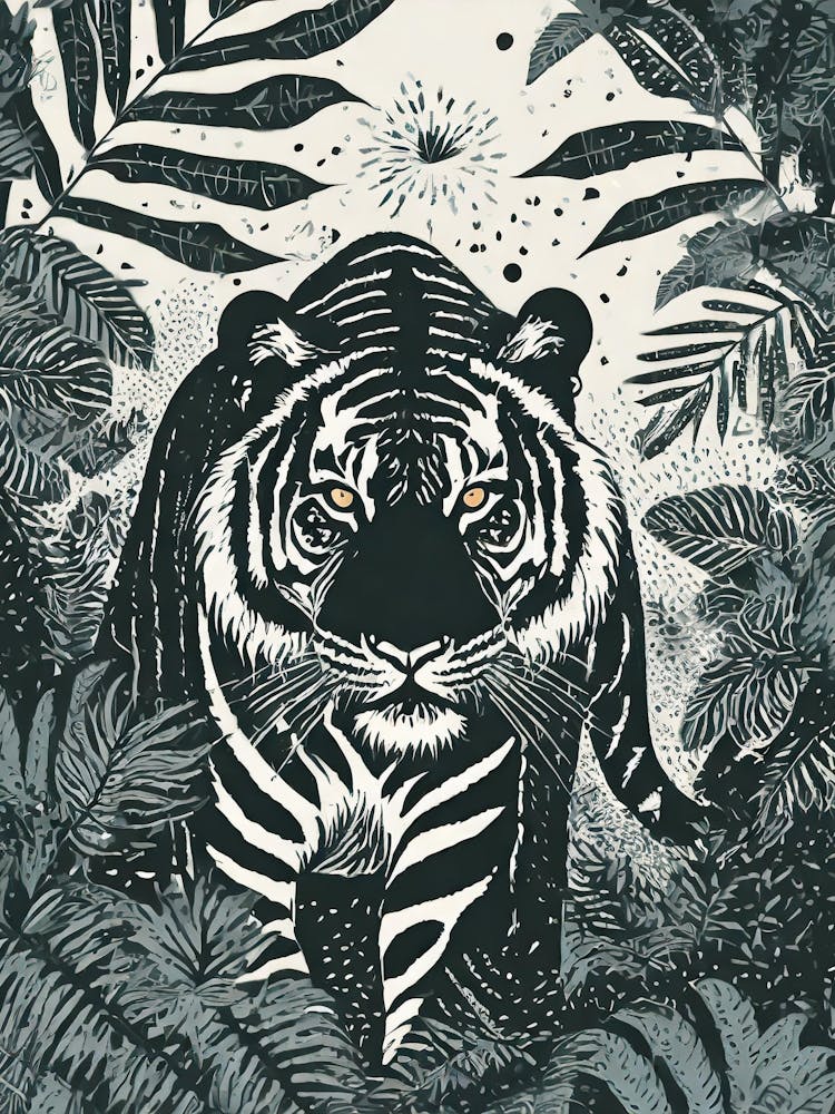 Un tigre rôdant dans une jungle dense, linogravure