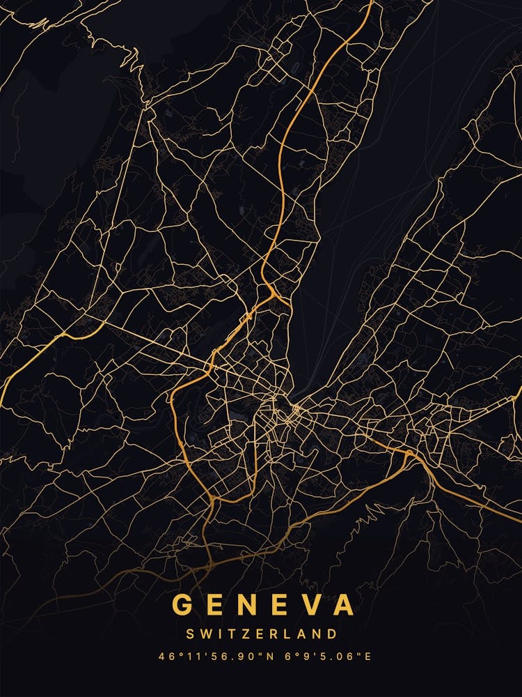 Geneva Switzerland Black And Gold Map