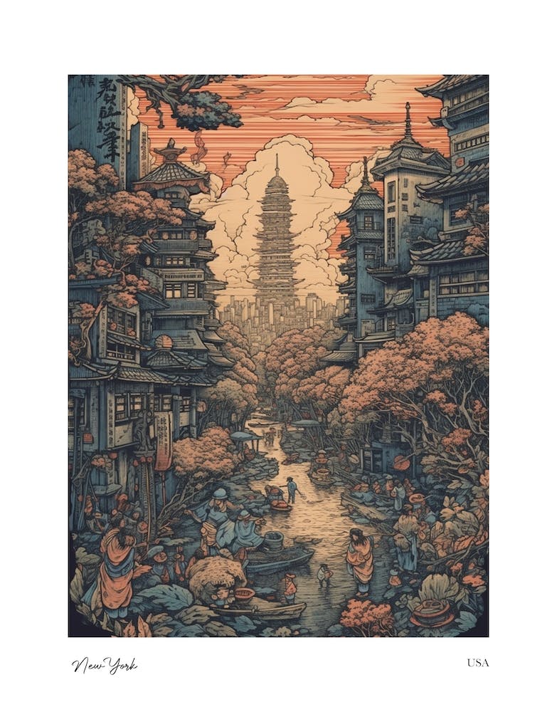 New York Usa Woodblock 4 Watercolour Travel Poster