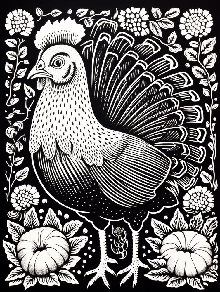 B&W Bird Linocut Turkey 3