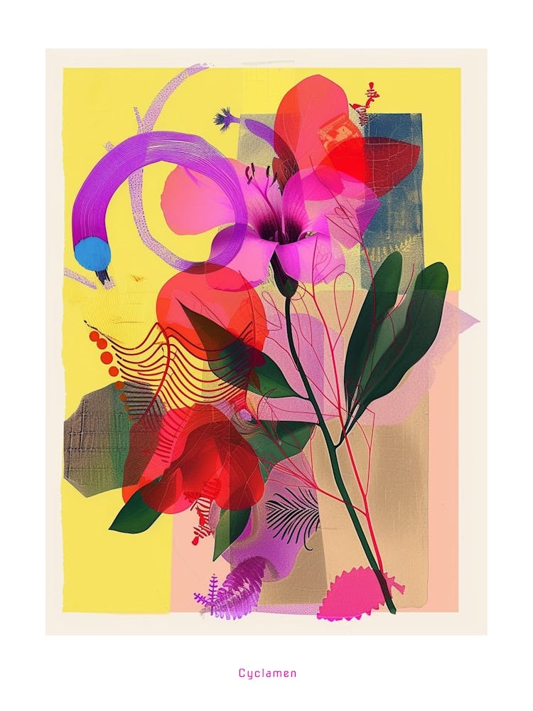 Cyclamen 1 Neon Blumen Collage Poster