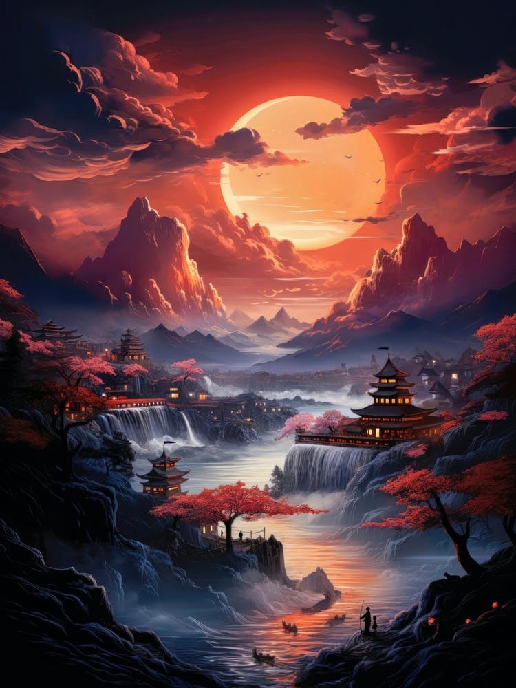 Asiatische Japanische Dorflandschaft Vollmond