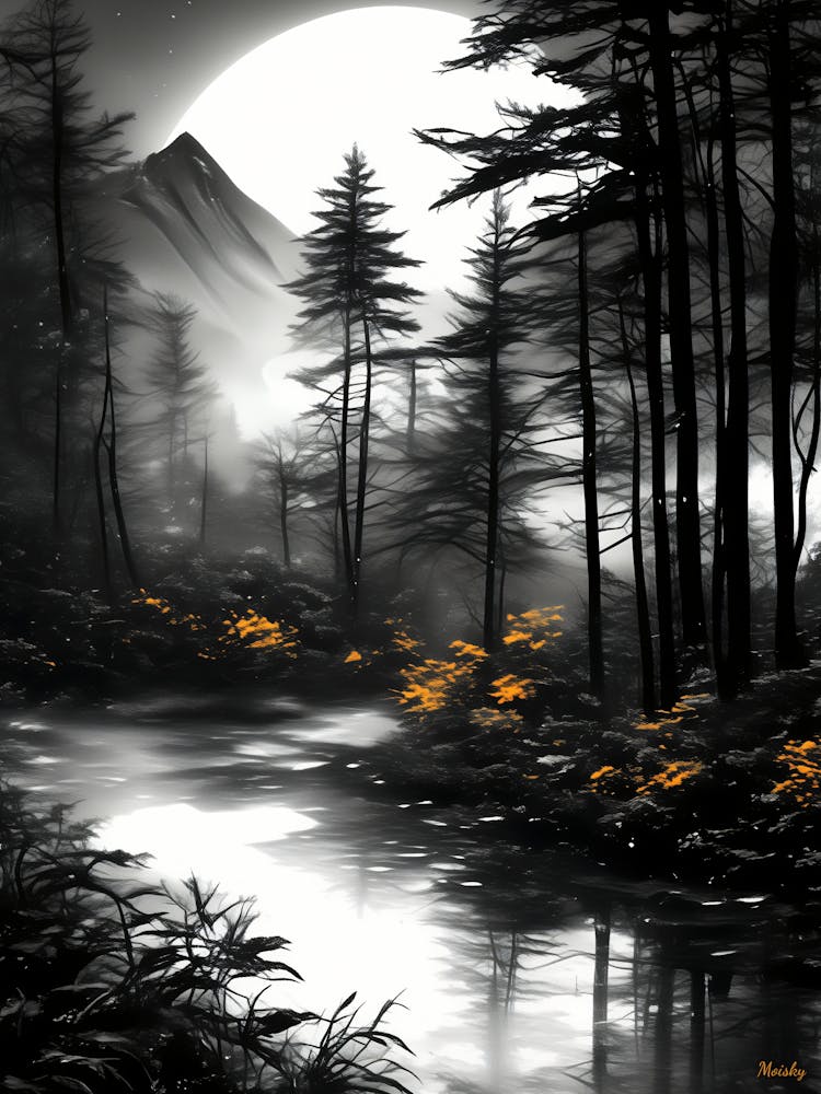 Moonlit Forest Reflection – Monochrome Serenity Poster