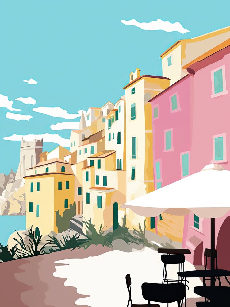 Cinque Terre, Italy, Flat Pastels Tones Illustration 4