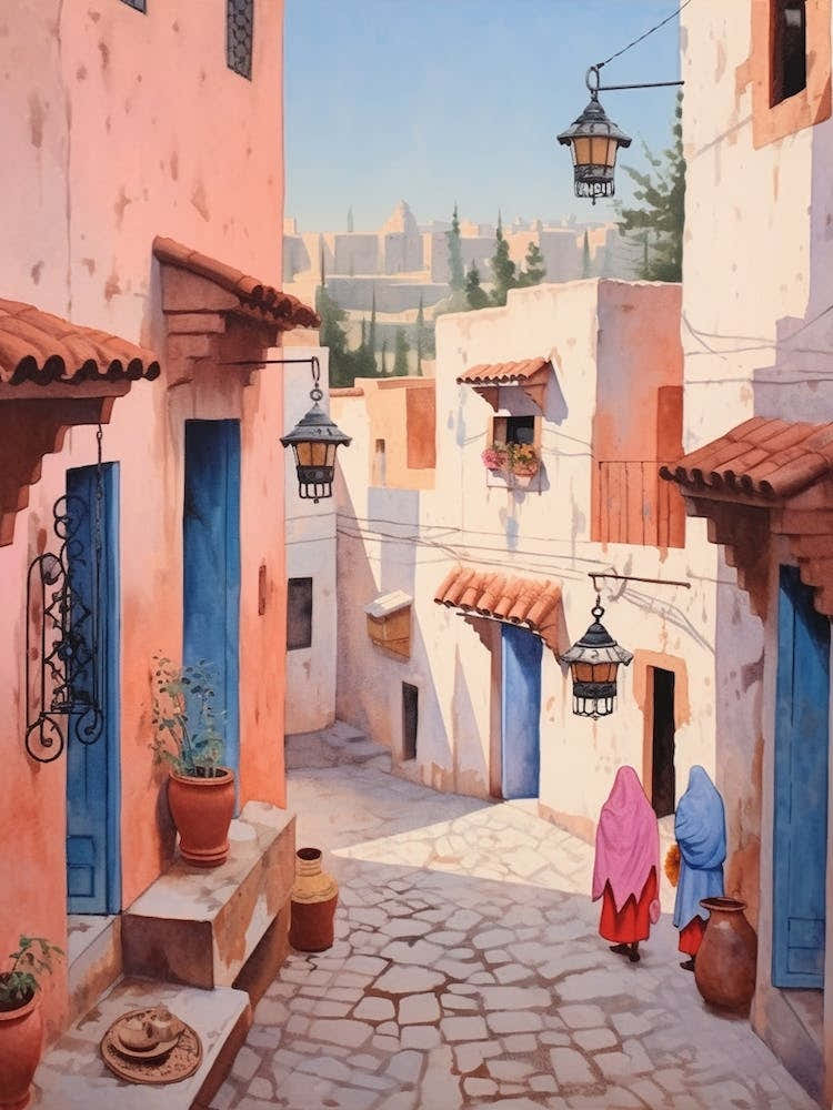 Chefchaouen Morocco 4 Vintage Pink Travel Illustration