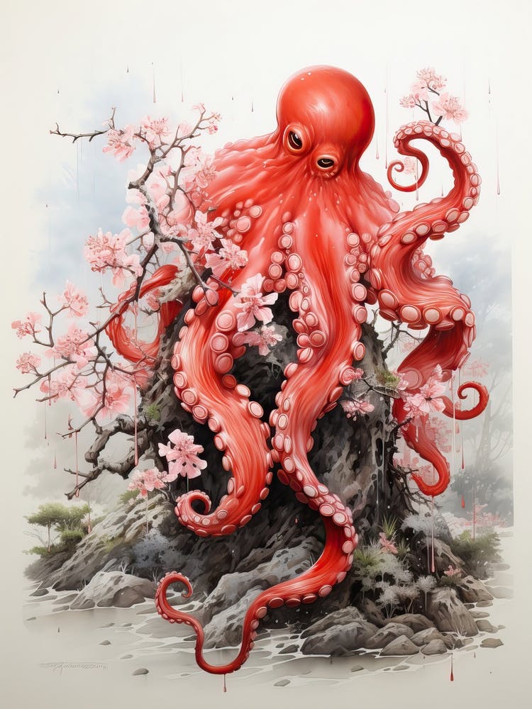 Octopus, Japanese Brush Painting, Ukiyo E, Minimal 1