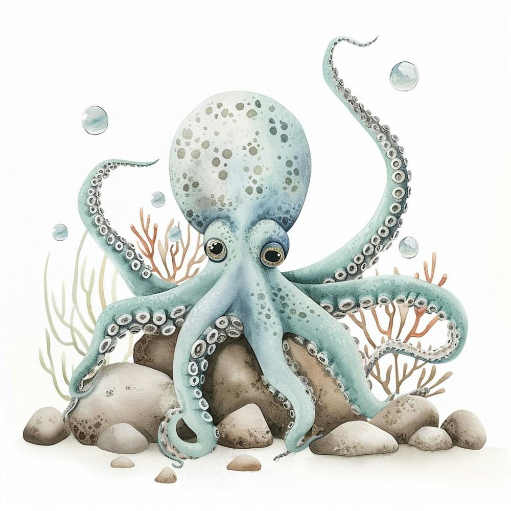 Sleepy Storybook Style Octopus On The Rocks 3