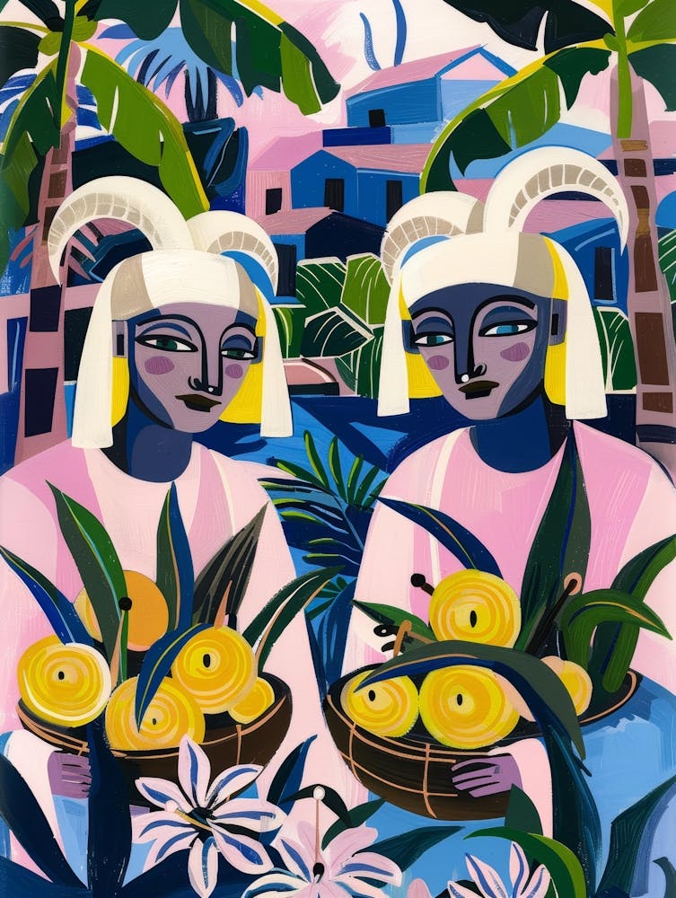 Two Women With Baskets Of Fruit