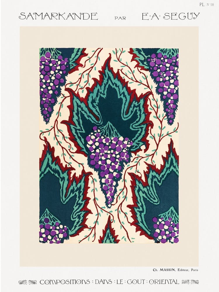 Grape Pattern Art Nouveau Pochoir Print In Oriental Style, Eugène Séguy